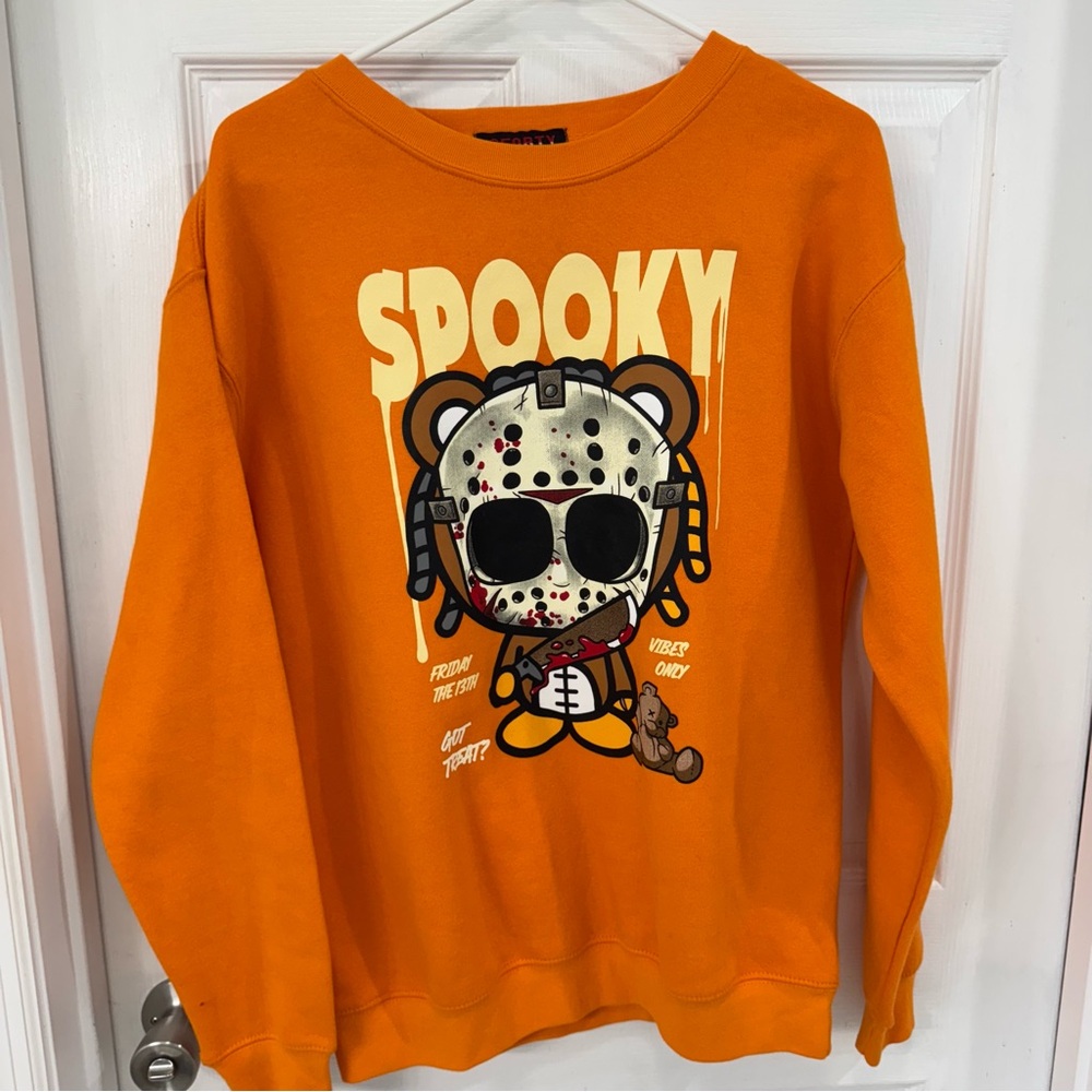 Orange Spooky Friday The 13th Teddy Bear Graphic Crewneck Sweatshirt Men's Med
